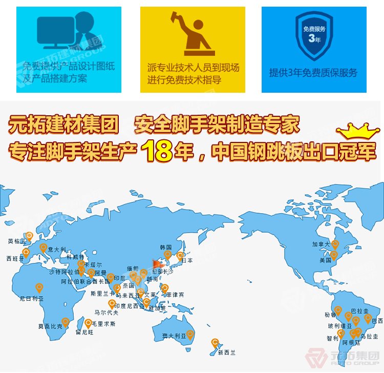 元拓建材集團，安全腳手架制造專家！專注腳手架生產(chǎn)18年，中國鋼跳板出口冠軍！